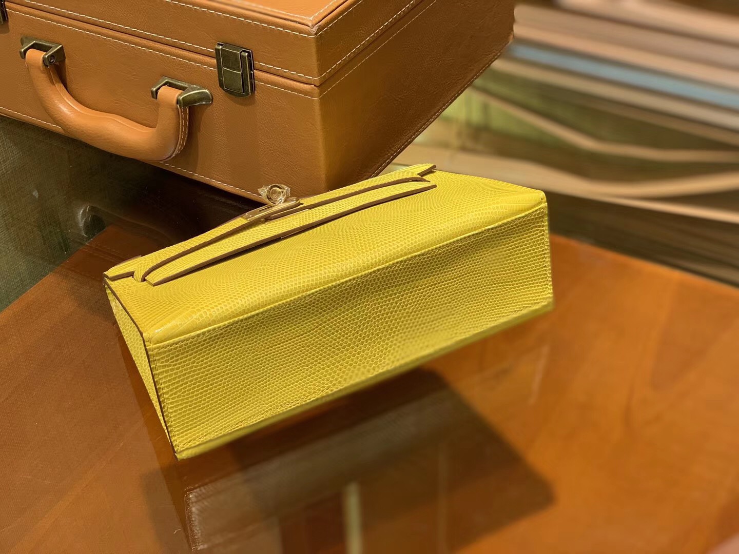 Hermes MiniKelly 1代 手拿包 蜥蜴皮 柠檬黄 全手工缝制 22cm