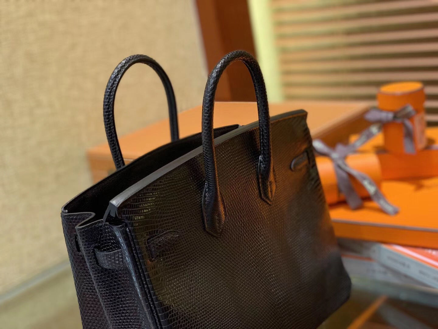 Birkin 铂金包 25CM 经典黑色 银扣 蜥蜴皮 全手工缝制