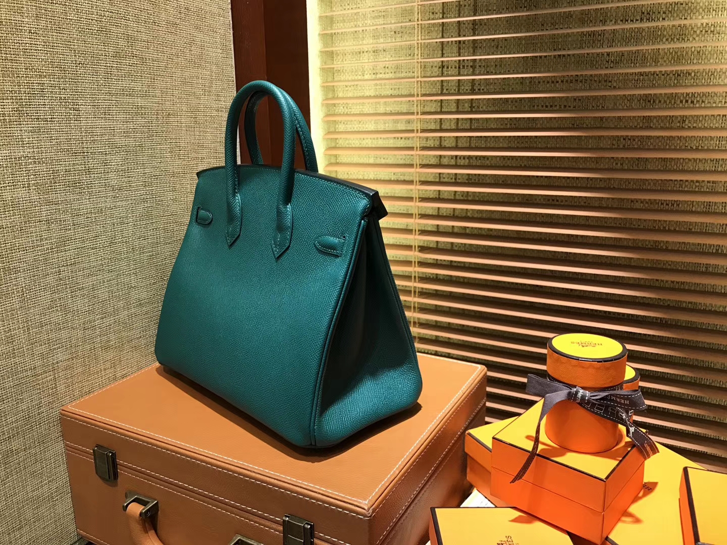 Hermès（爱马仕）Birkin 25cm ( 铂金包) 掌纹牛皮 孔雀绿 原版蜜蜡线 全手工缝制