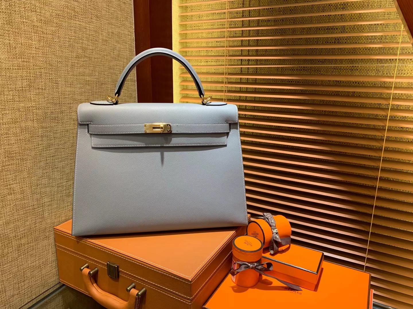 Hermès（爱马仕）Kelly 32(凯莉包) 亚麻蓝 德国进口 掌纹牛皮 原版蜜蜡线 全手工缝制