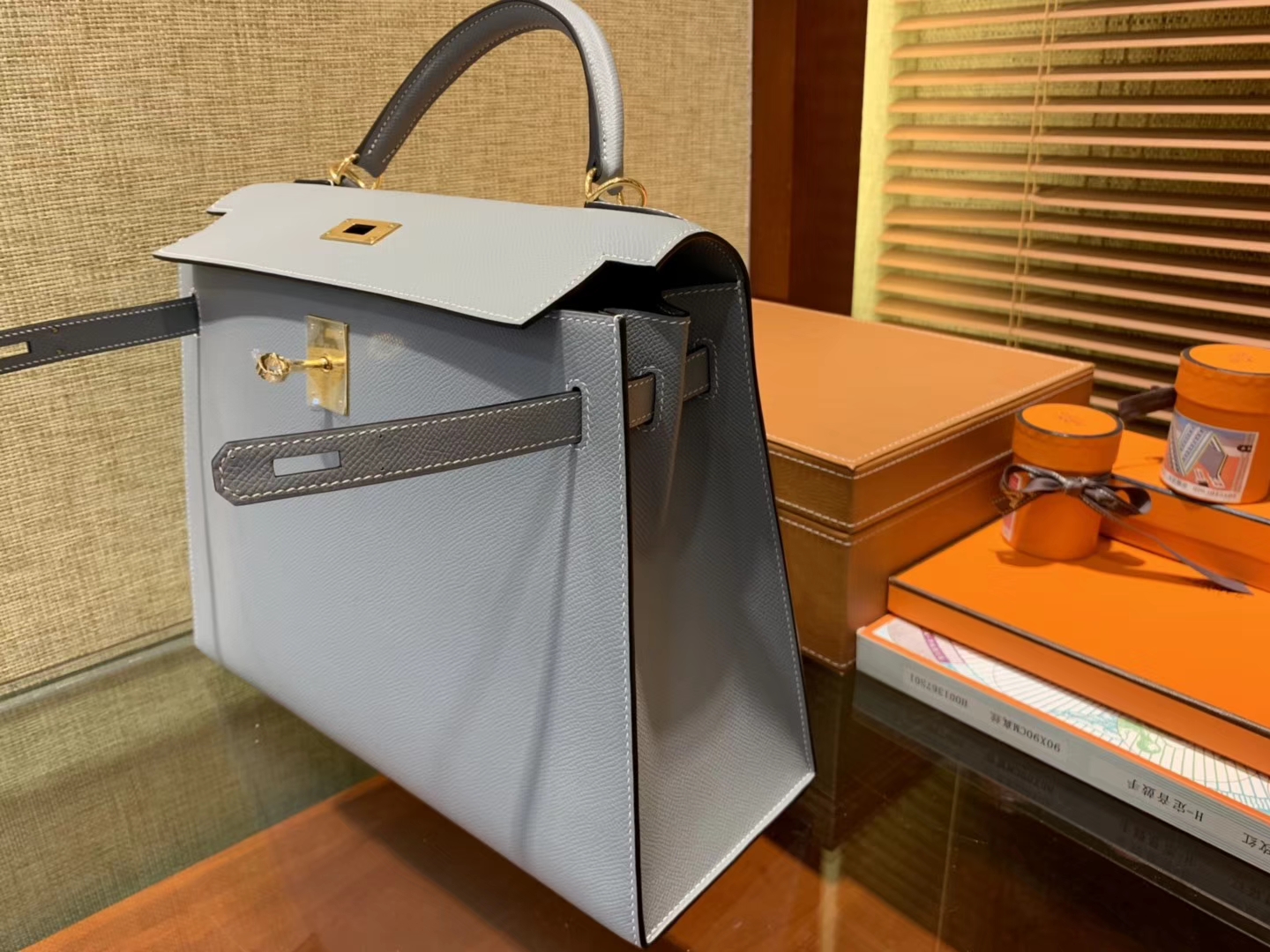 Hermès（爱马仕）Kelly 32(凯莉包) 亚麻蓝 德国进口 掌纹牛皮 原版蜜蜡线 全手工缝制
