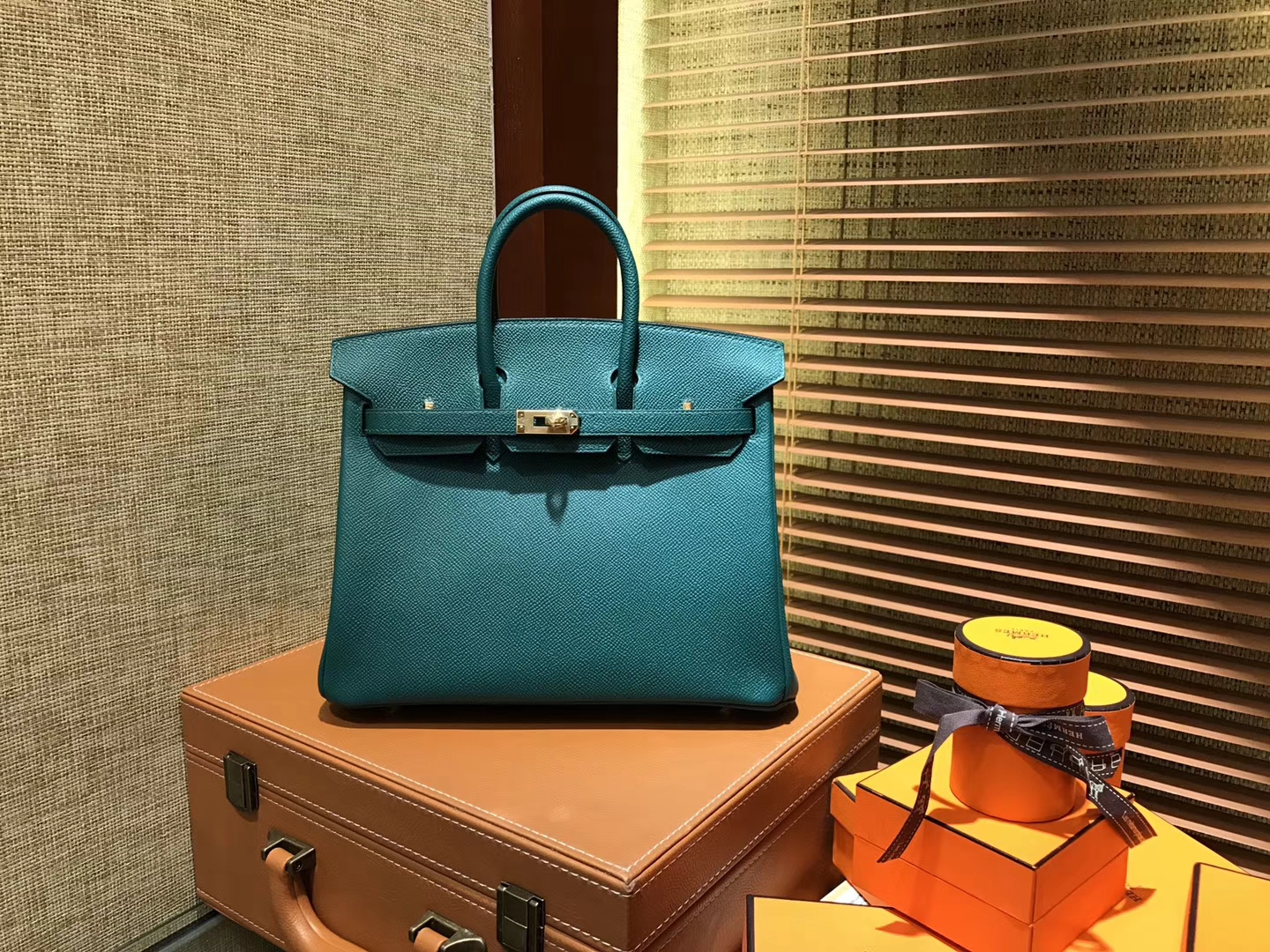 Hermès（爱马仕）Birkin 25cm ( 铂金包) 掌纹牛皮 孔雀绿 原版蜜蜡线 全手工缝制