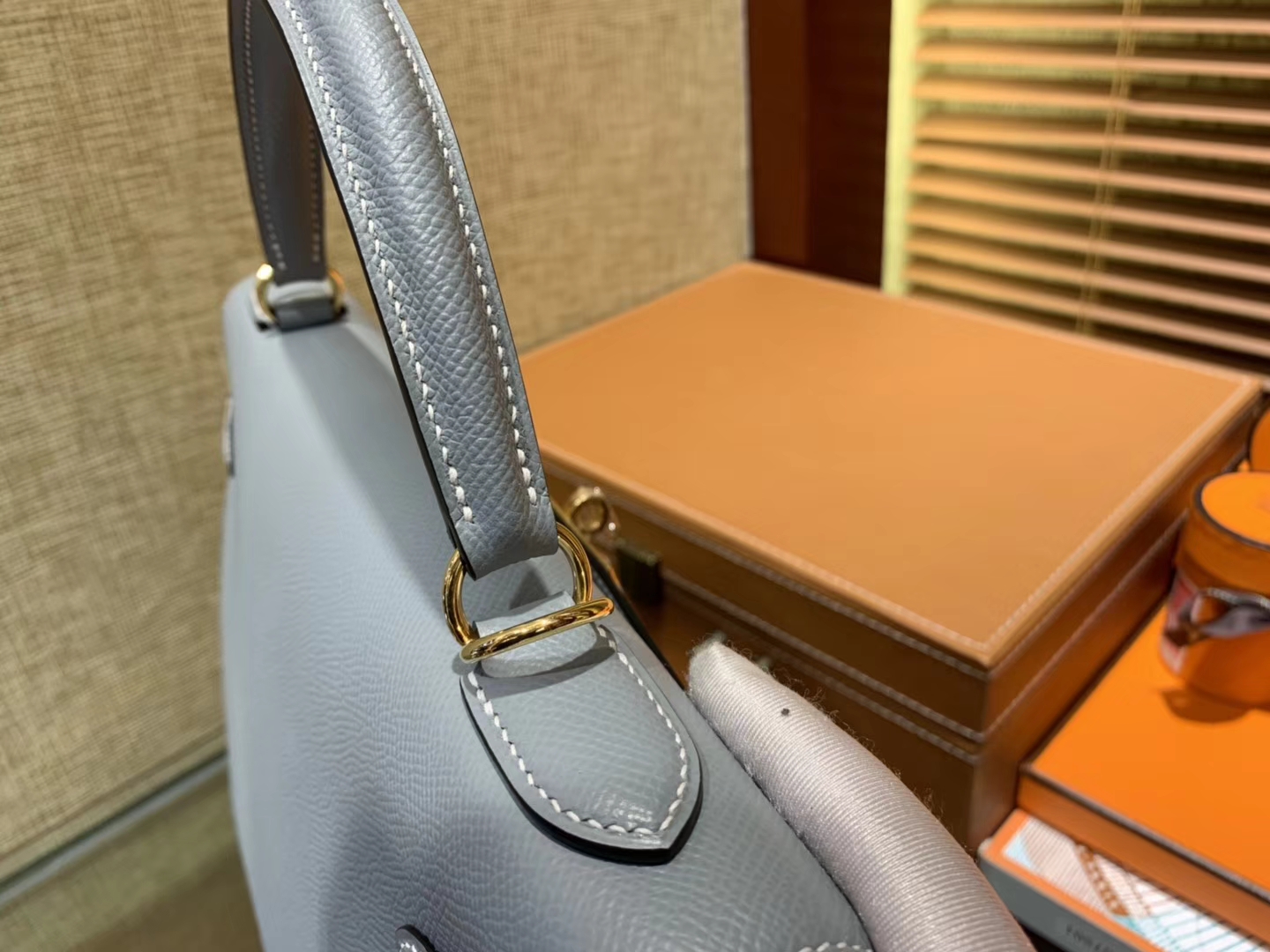 Hermès（爱马仕）Kelly 32(凯莉包) 亚麻蓝 德国进口 掌纹牛皮 原版蜜蜡线 全手工缝制