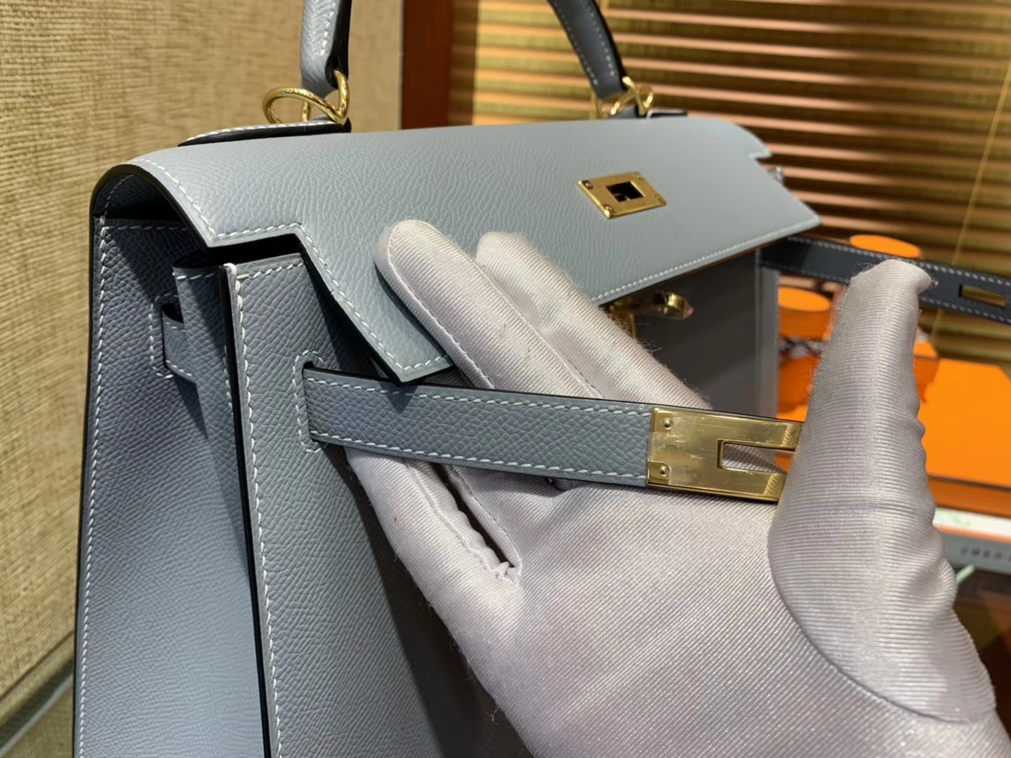 Hermès（爱马仕）Kelly 32(凯莉包) 亚麻蓝 德国进口 掌纹牛皮 原版蜜蜡线 全手工缝制