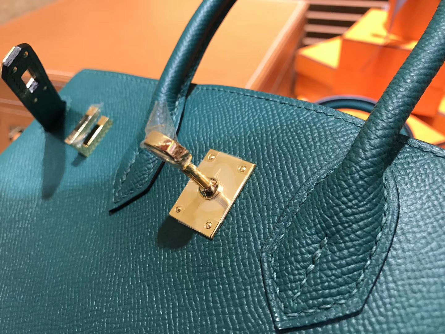Hermès（爱马仕）Birkin 25cm ( 铂金包) 掌纹牛皮 孔雀绿 原版蜜蜡线 全手工缝制