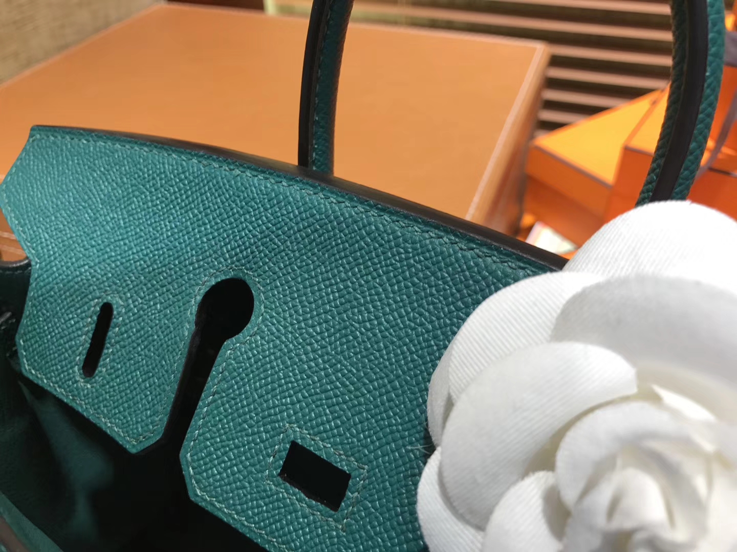 Hermès（爱马仕）Birkin 25cm ( 铂金包) 掌纹牛皮 孔雀绿 原版蜜蜡线 全手工缝制