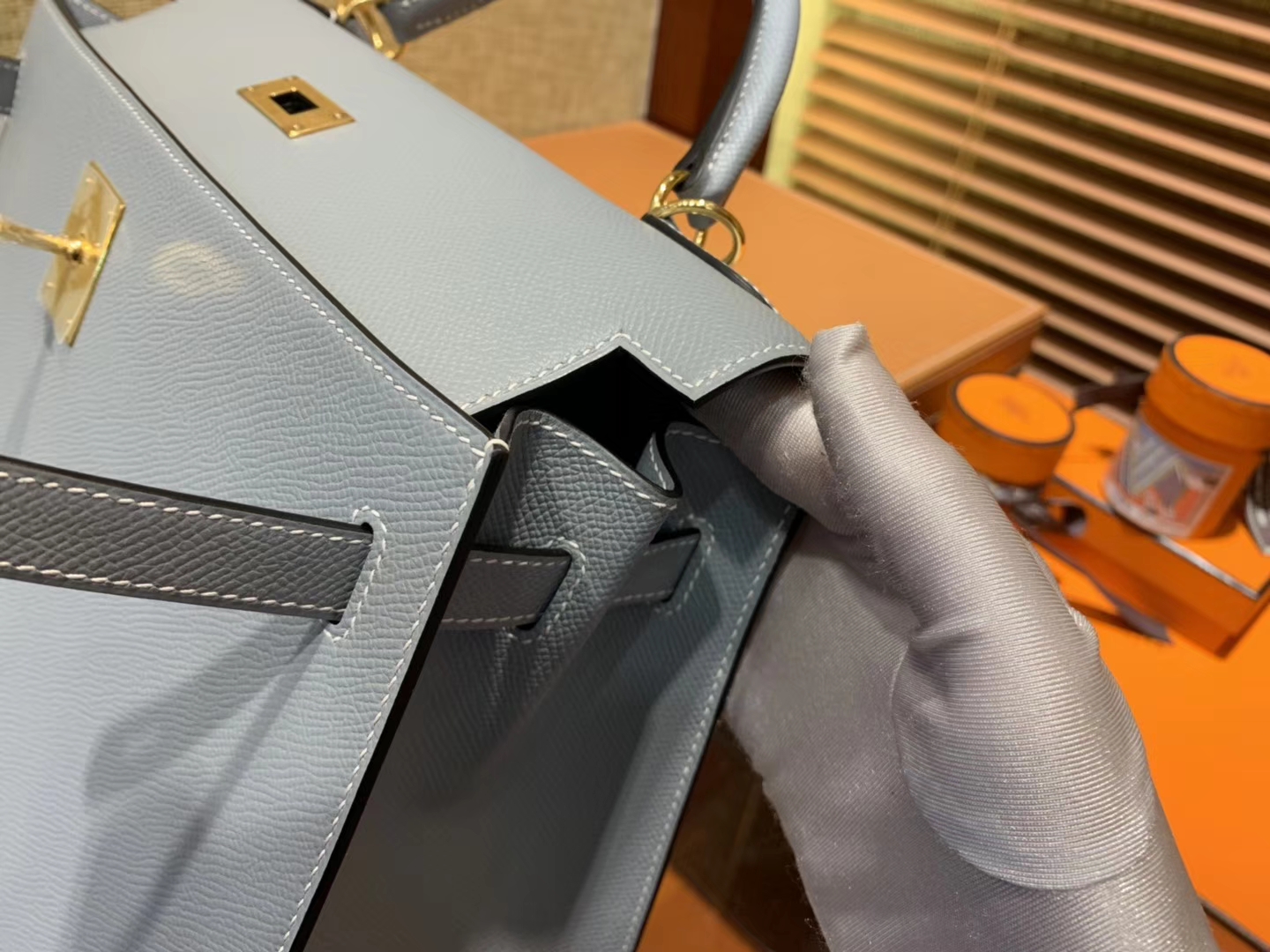Hermès（爱马仕）Kelly 32(凯莉包) 亚麻蓝 德国进口 掌纹牛皮 原版蜜蜡线 全手工缝制