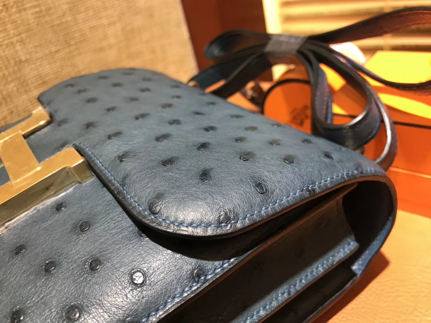 Hermès（爱马仕）Constance 18cm 靛蓝色 南非进口鸵鸟 KK级别 顶级全手工 金扣