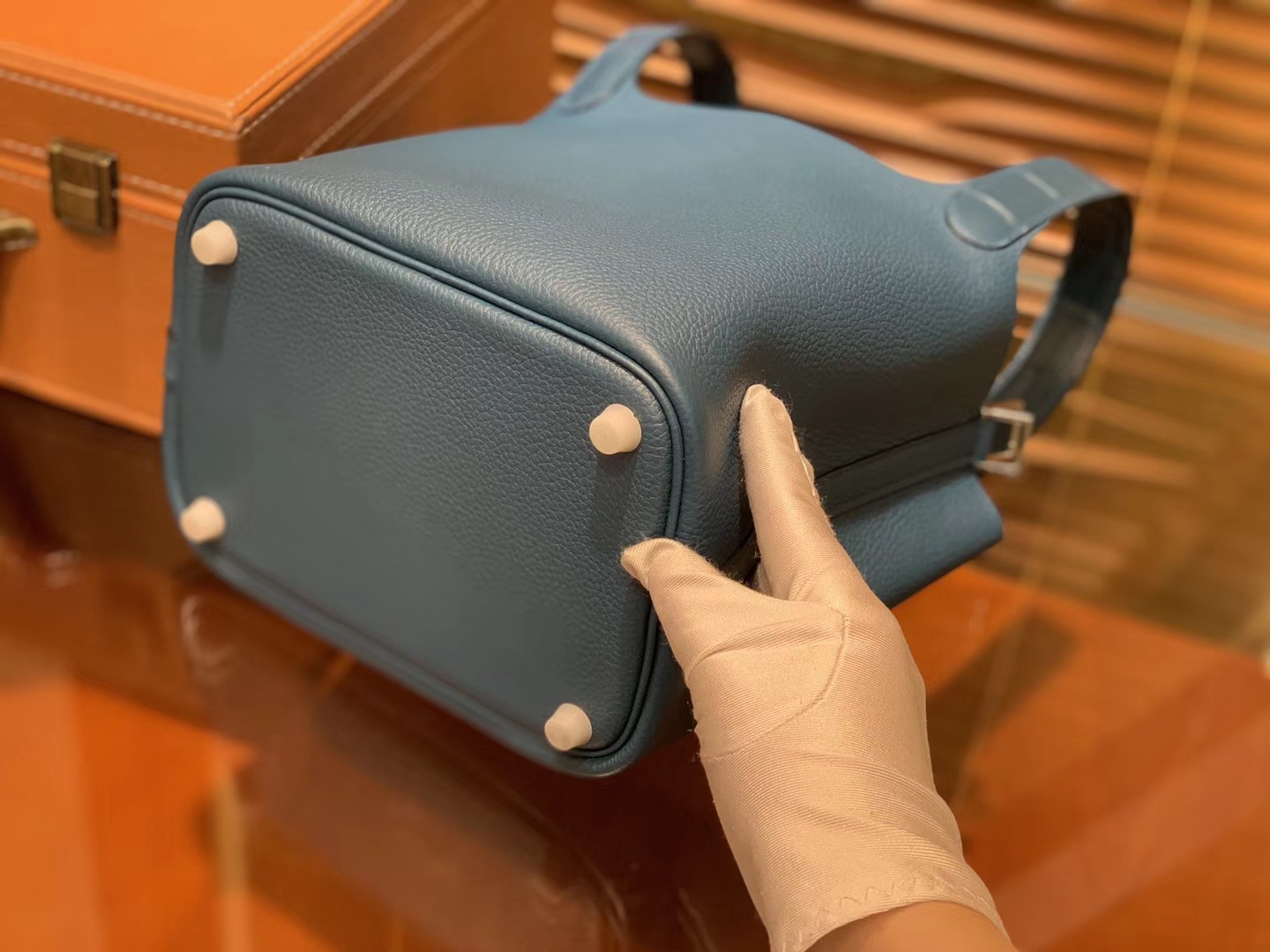 Hermès（爱马仕）Piction菜篮包 靛蓝色 Togo牛皮 拼鳄鱼 进口原料 全手工缝制 金扣 18cm