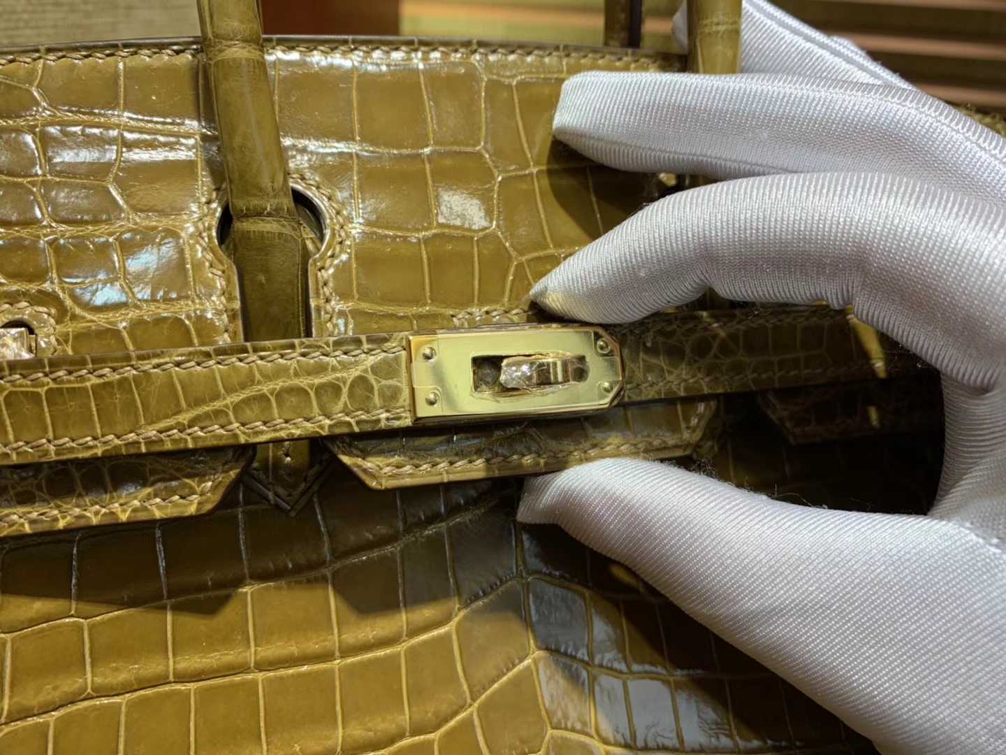 Hermès（爱马仕）Birkin铂金包 褐绿色 一级皮 美洲鳄鱼 进口原料 顶级手缝工艺 25cm