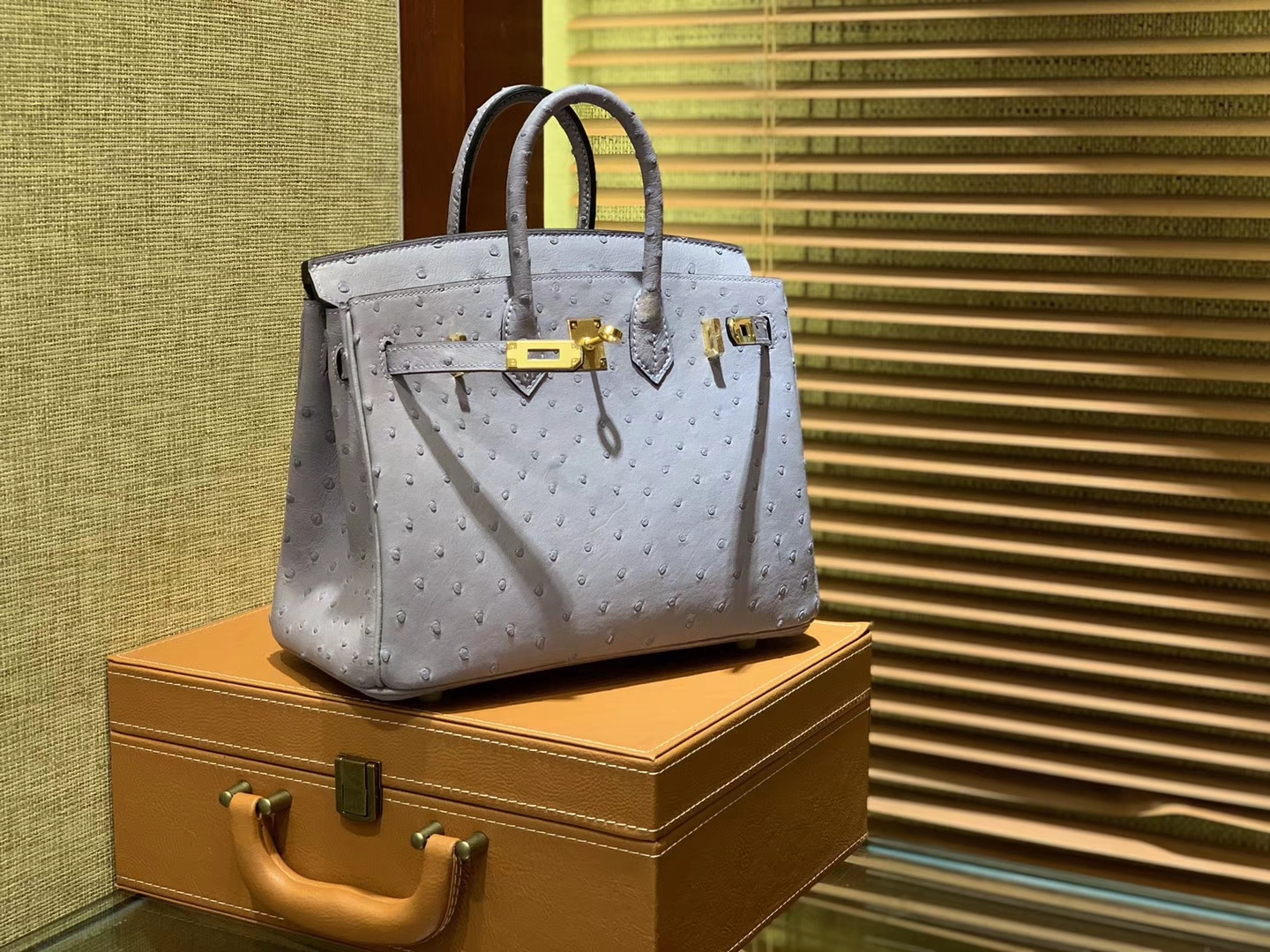 Hermès（爱马仕）Birkin 25cm 浅蓝紫 南非进口鸵鸟皮 顶级手缝工艺 金扣