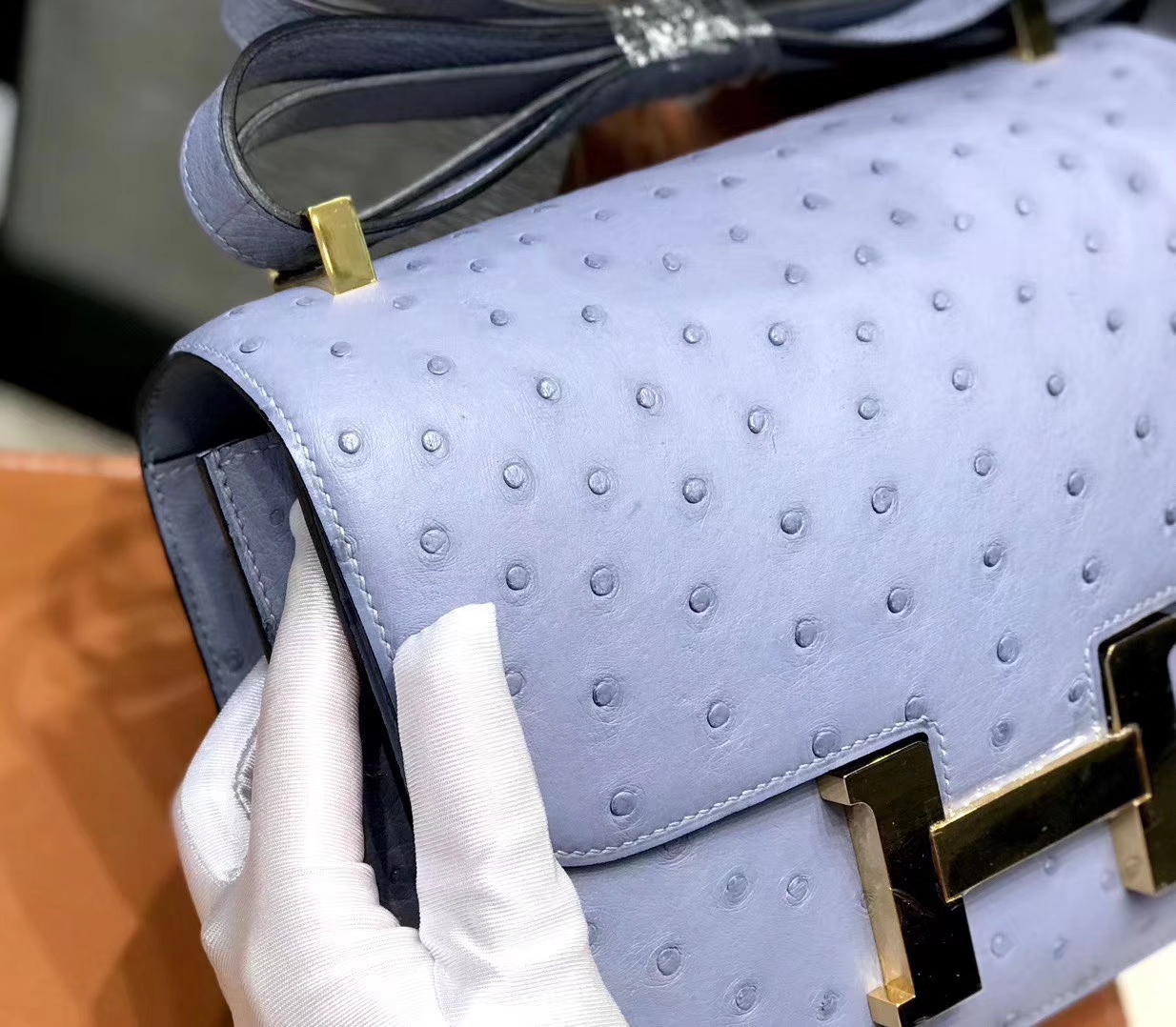 Hermès（爱马仕）Constance空姐包 亚麻蓝 南非进口鸵鸟皮 全手工缝制 23cm