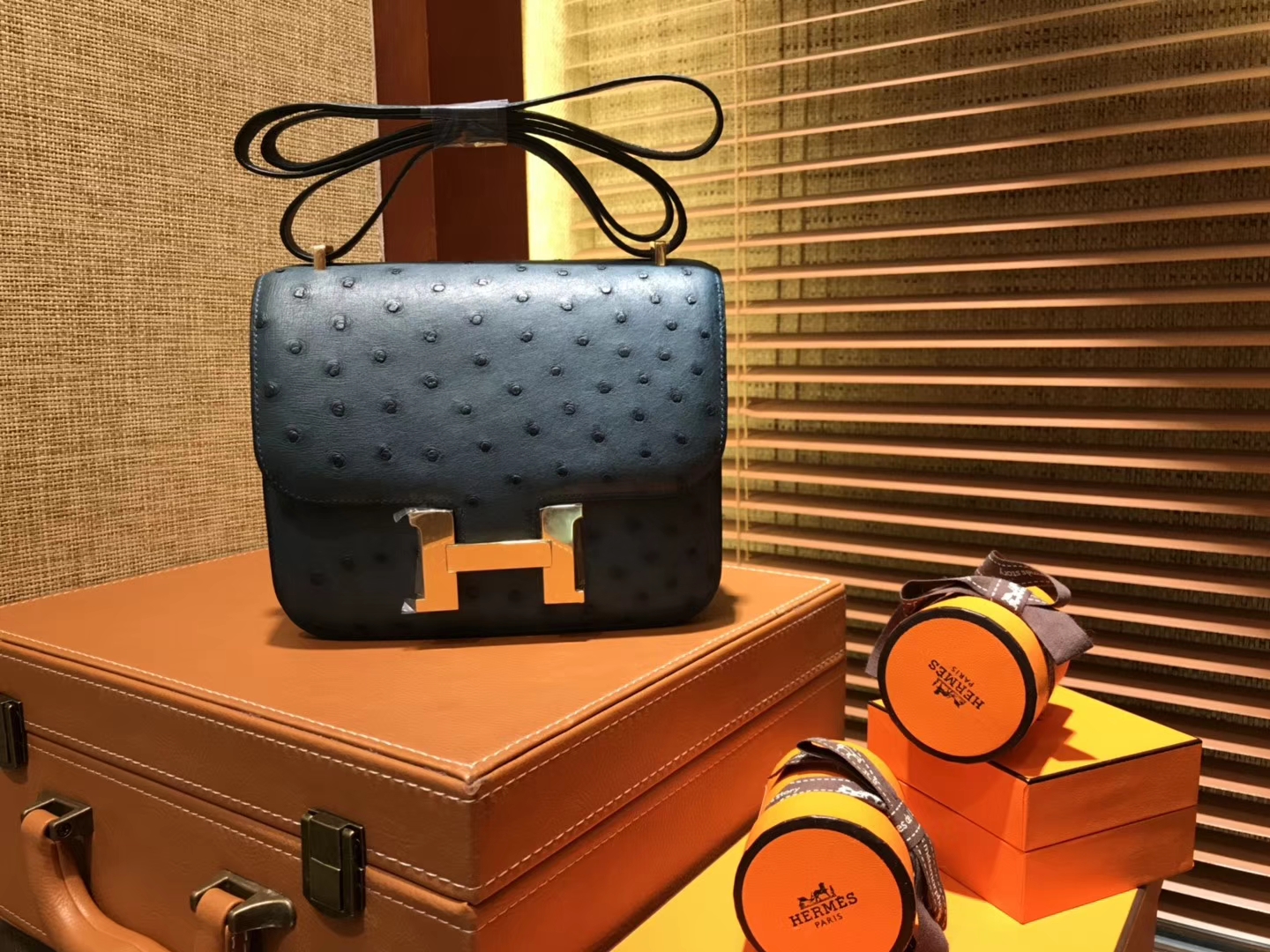 Hermès（爱马仕）Constance 18cm 靛蓝色 南非进口鸵鸟 KK级别 顶级全手工 金扣
