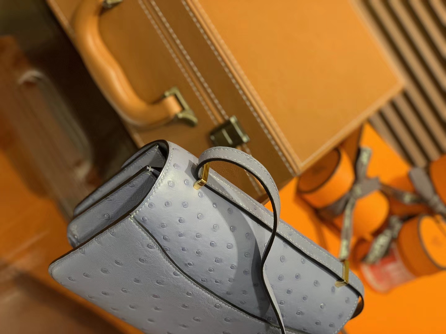 Hermès（爱马仕）Constance空姐包 冰川蓝 南非KK鸵鸟 顶级手缝工艺 金扣 18cm