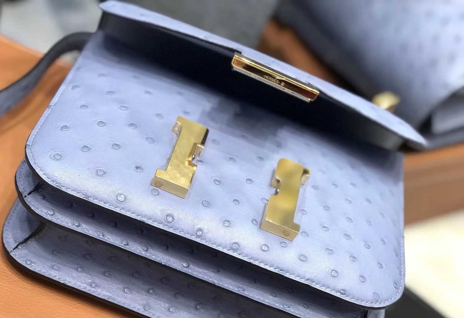 Hermès（爱马仕）Constance空姐包 亚麻蓝 南非进口鸵鸟皮 全手工缝制 23cm