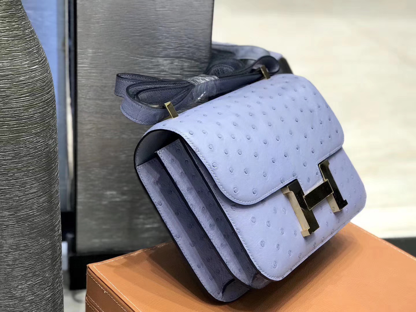 Hermès（爱马仕）Constance空姐包 亚麻蓝 南非进口鸵鸟皮 全手工缝制 23cm