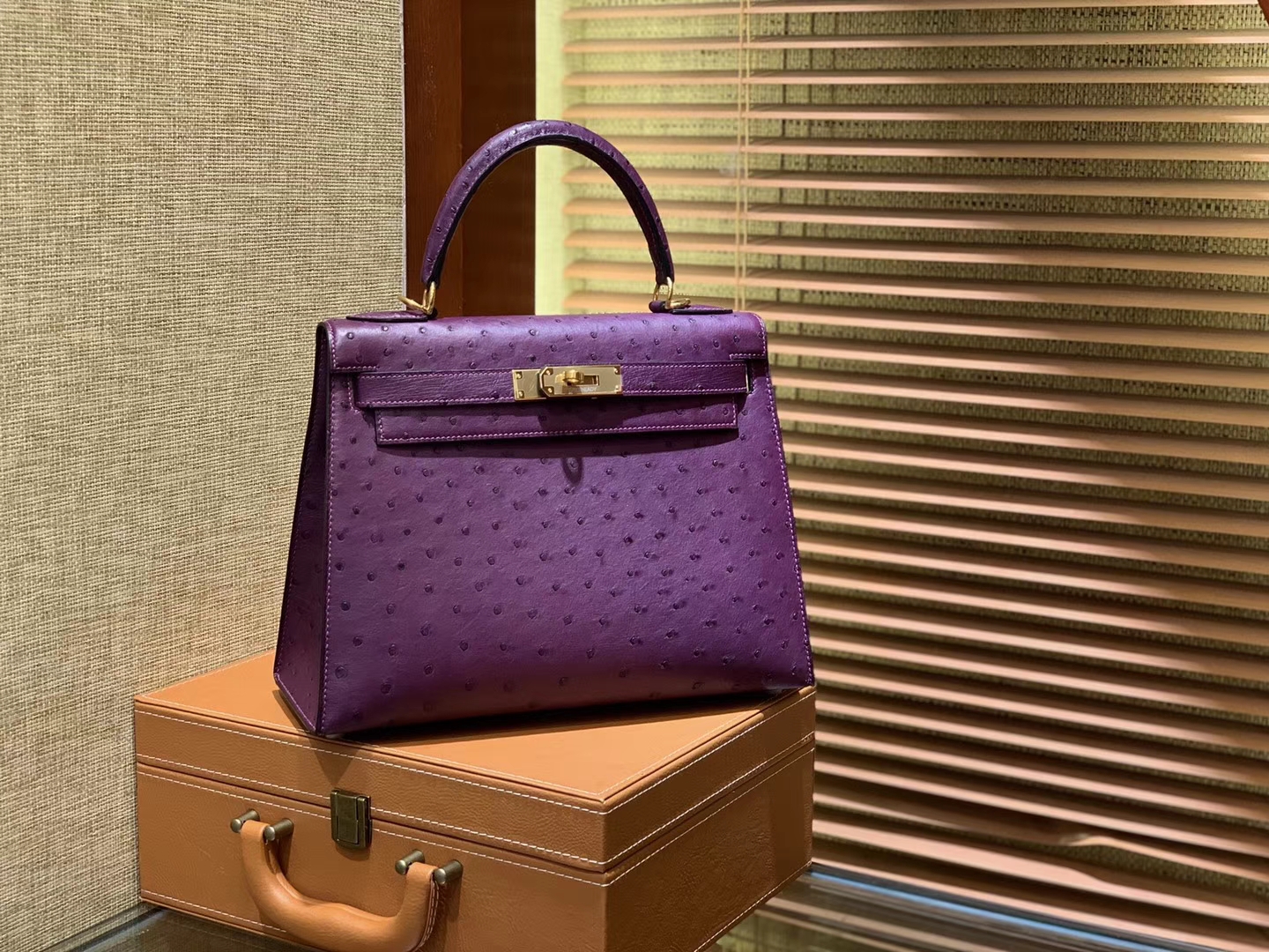 Hermès（爱马仕）Kelly 28cm 海葵紫 南非进口鸵鸟 顶级手缝工艺 金扣