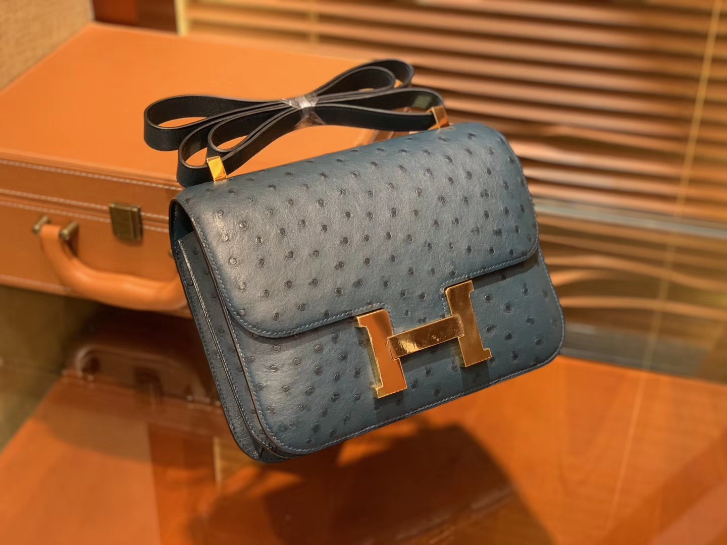 Hermès（爱马仕）Constance空姐包 靛蓝色 南非进口鸵鸟皮 顶级全手工缝制 23cm