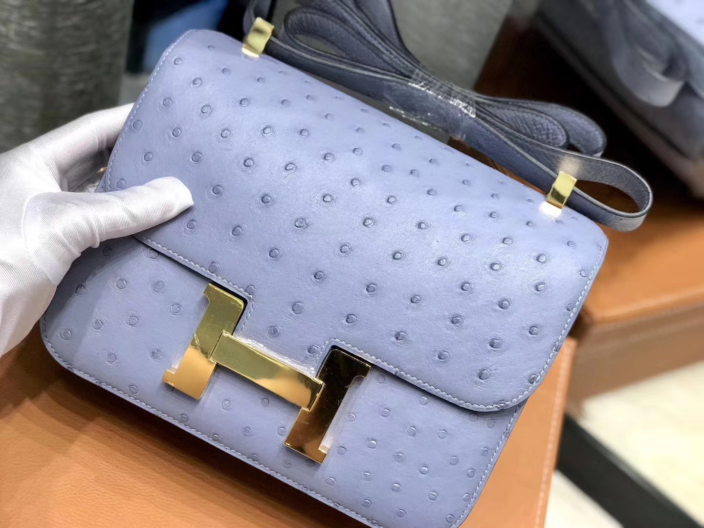 Hermès（爱马仕）Constance空姐包 亚麻蓝 南非进口鸵鸟皮 全手工缝制 23cm