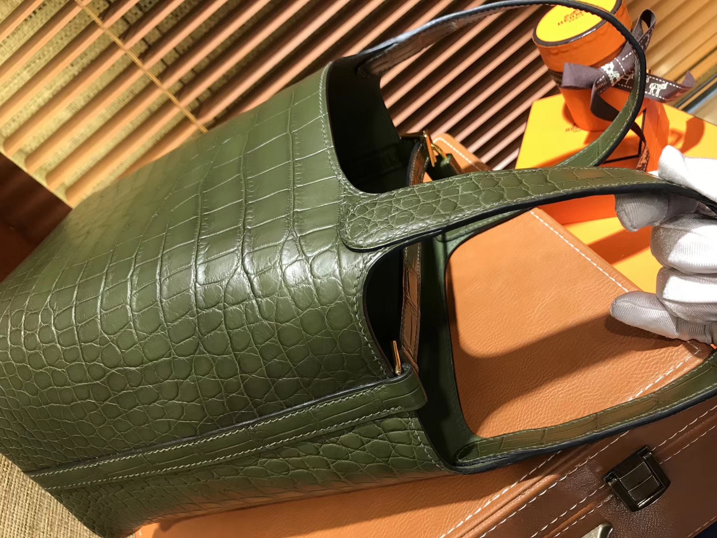 Hermès（爱马仕）Picotin 菜篮子 鳄鱼皮 橄榄绿 全手工缝制 18cm