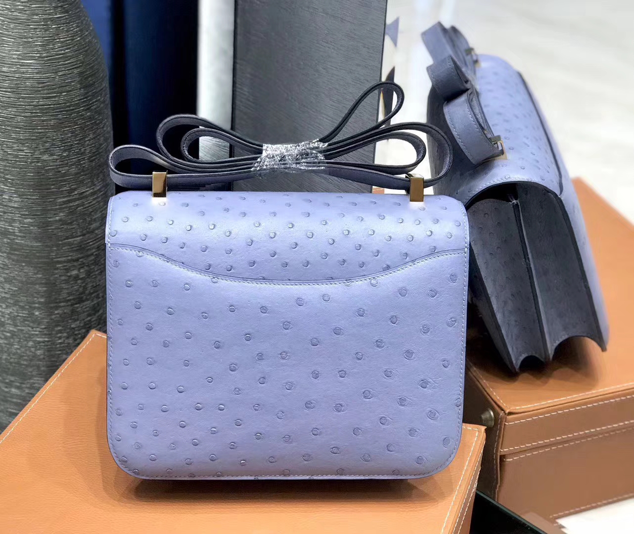 Hermès（爱马仕）Constance空姐包 亚麻蓝 南非进口鸵鸟皮 全手工缝制 23cm