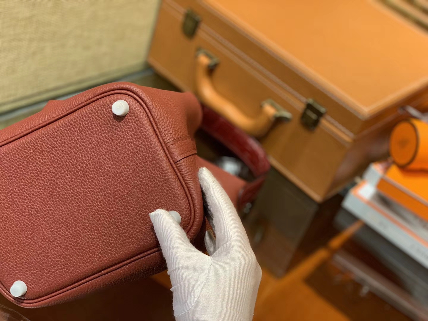 Hermès（爱马仕）Piction菜篮包 酒红 Togo牛皮拼鳄鱼 进口原料 全手工缝制 银扣 18cm