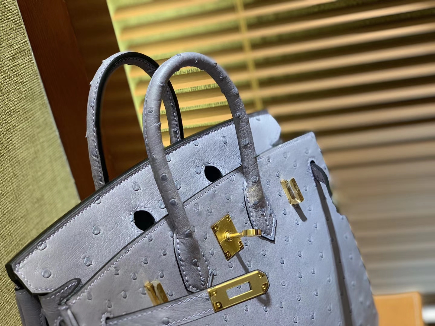 Hermès（爱马仕）Birkin 25cm 浅蓝紫 南非进口鸵鸟皮 顶级手缝工艺 金扣