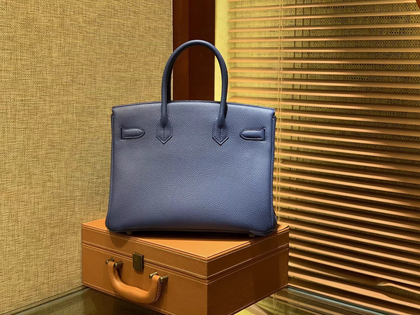 Hermès（爱马仕）Birkin铂金包 明蓝色 德国进口小牛皮 顶级品质全手工缝制 金扣 30cm