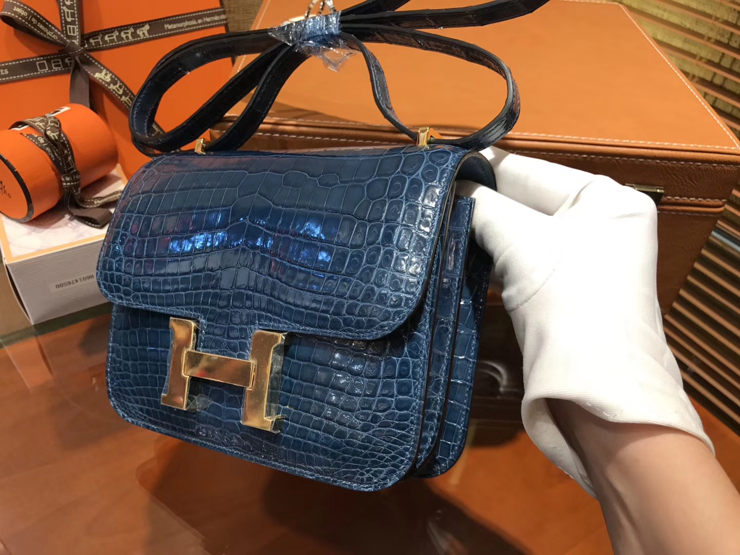 Hermès（爱马仕）Constance空姐包 风暴蓝 一级 尼罗 鳄鱼皮 臻品级别 金扣 18cm