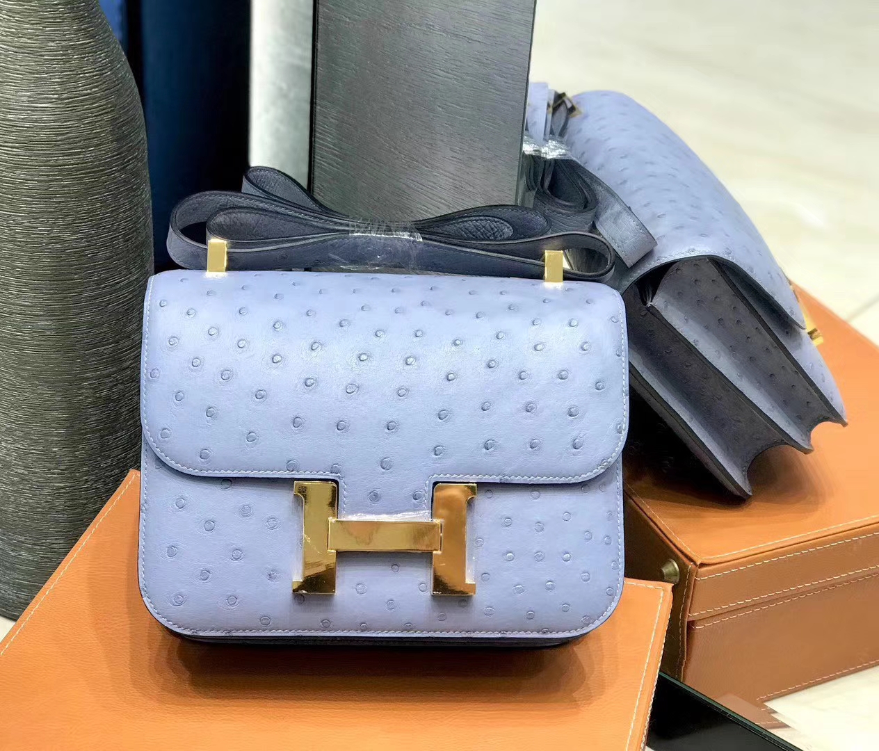 Hermès（爱马仕）Constance空姐包 亚麻蓝 南非进口鸵鸟皮 全手工缝制 23cm
