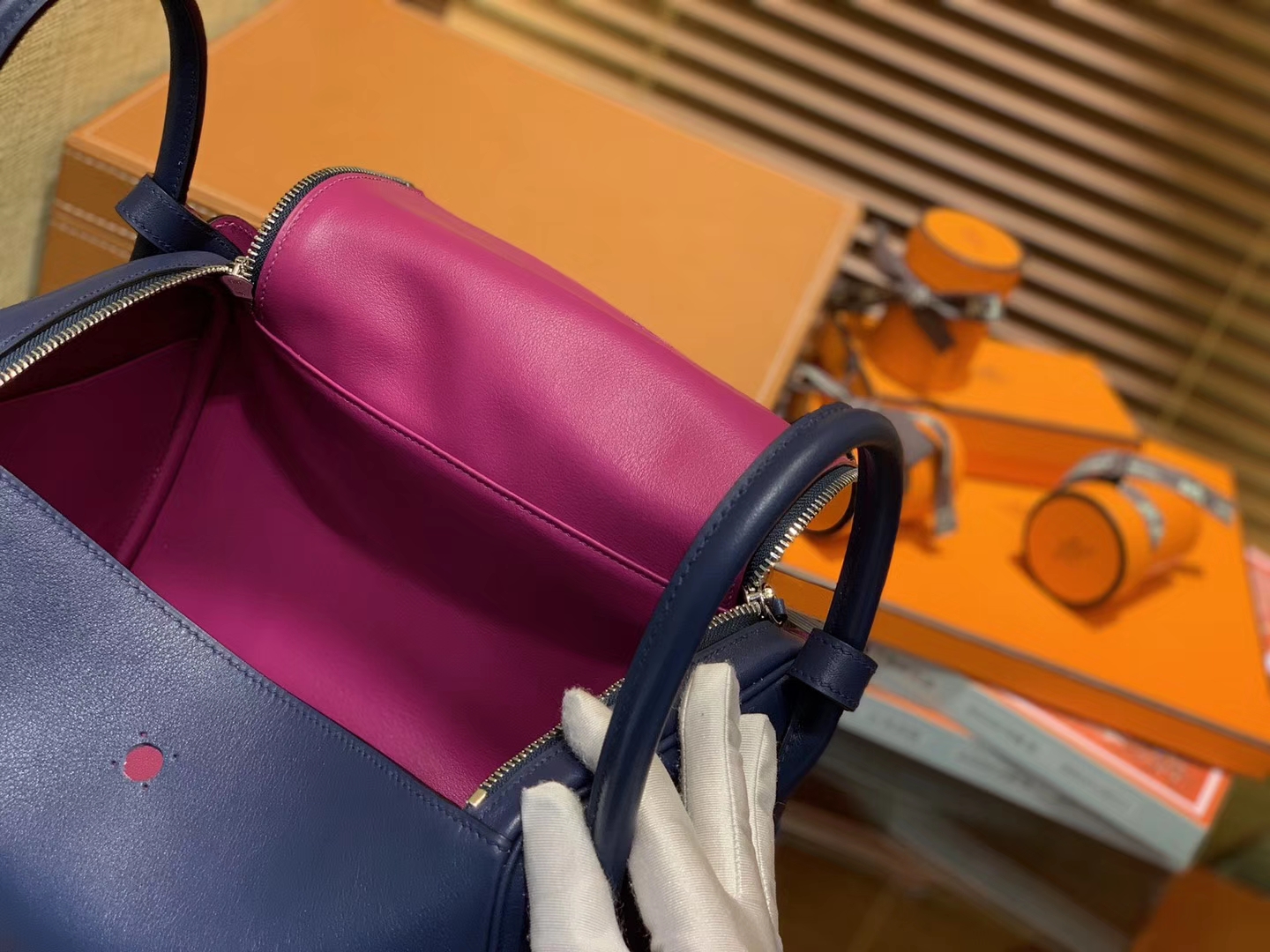 Hermès（爱马仕）Lindy琳迪包 蓝拼枚紫 德国进口swift牛皮 全手工缝制 银扣 30cm