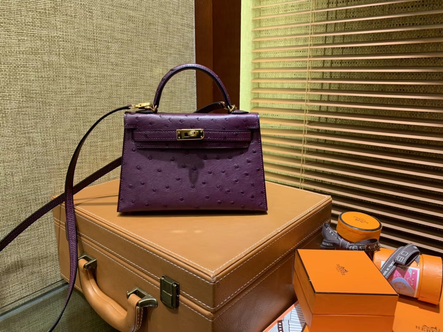 Hermès（爱马仕）迷你2代 mini Kelly 深紫色 南非KK鸵鸟 全手工缝制 19cm