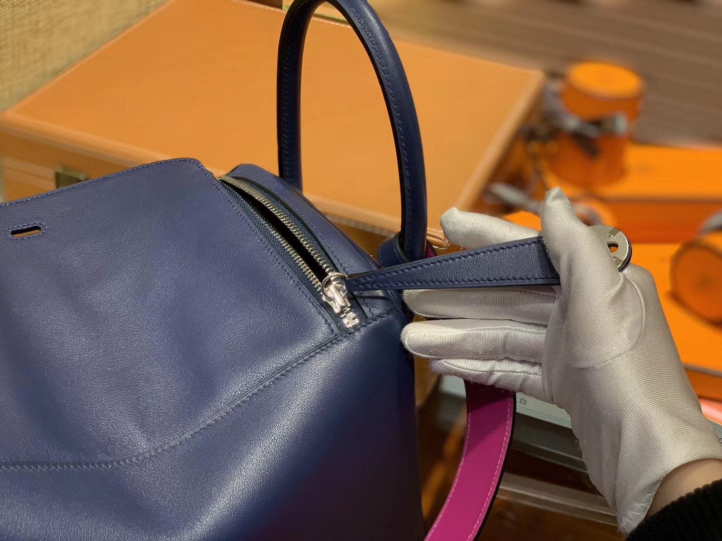 Hermès（爱马仕）Lindy琳迪包 蓝拼枚紫 德国进口swift牛皮 全手工缝制 银扣 30cm