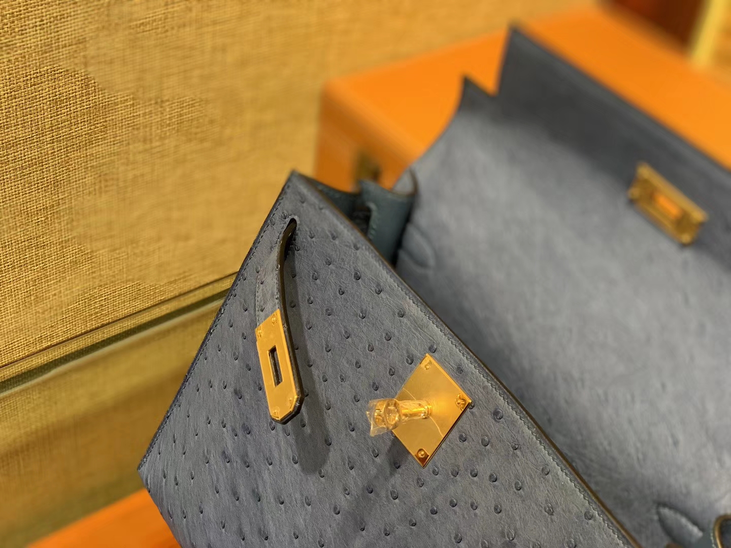 Hermès（爱马仕）Kelly凯莉包 玛瑙蓝 南非进口KK级鸵鸟 顶级手缝版本 24K金扣 28cm