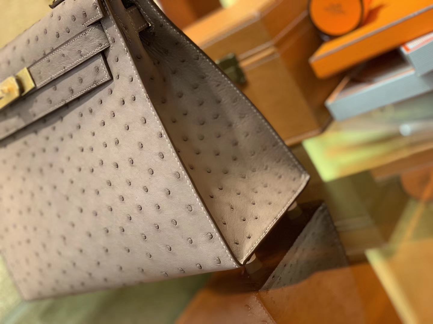 Hermès（爱马仕）Kelly凯莉包 大象灰 南非进口KK级鸵鸟 顶级手缝版本 24K金扣 28cm