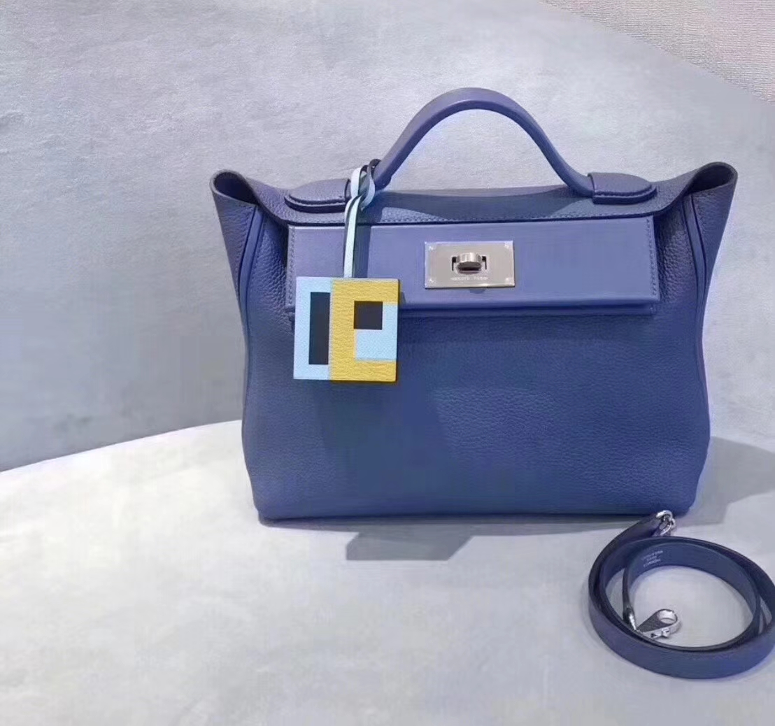 Hermès（爱马仕）Kelly-2424 明蓝色 原厂御用顶级小牛皮拼Swift皮 togo 银扣 29cm