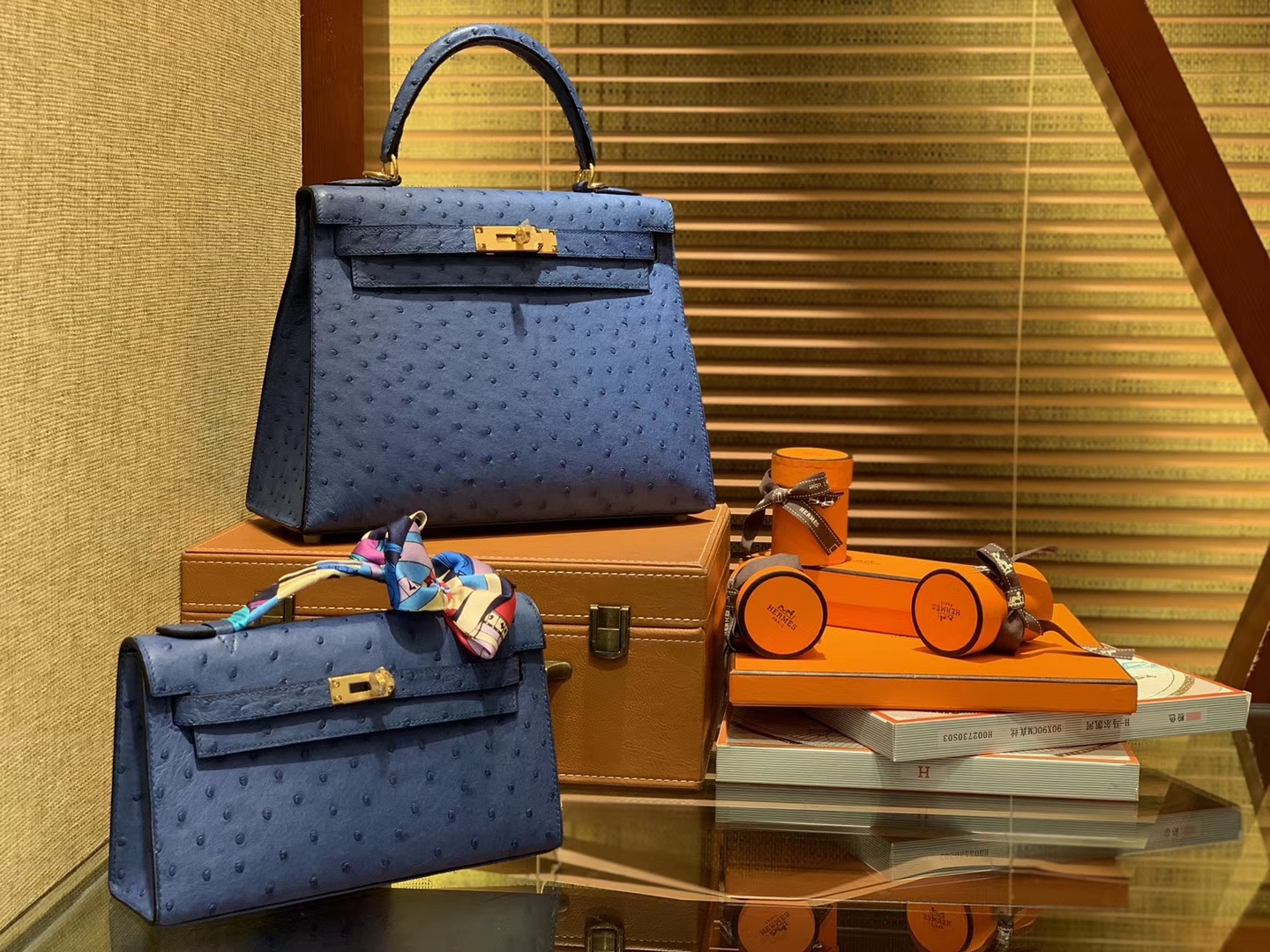 Hermès（爱马仕）Kelly凯莉包 玛瑙蓝 南非进口KK级鸵鸟 顶级手缝版本 24K金扣 28cm
