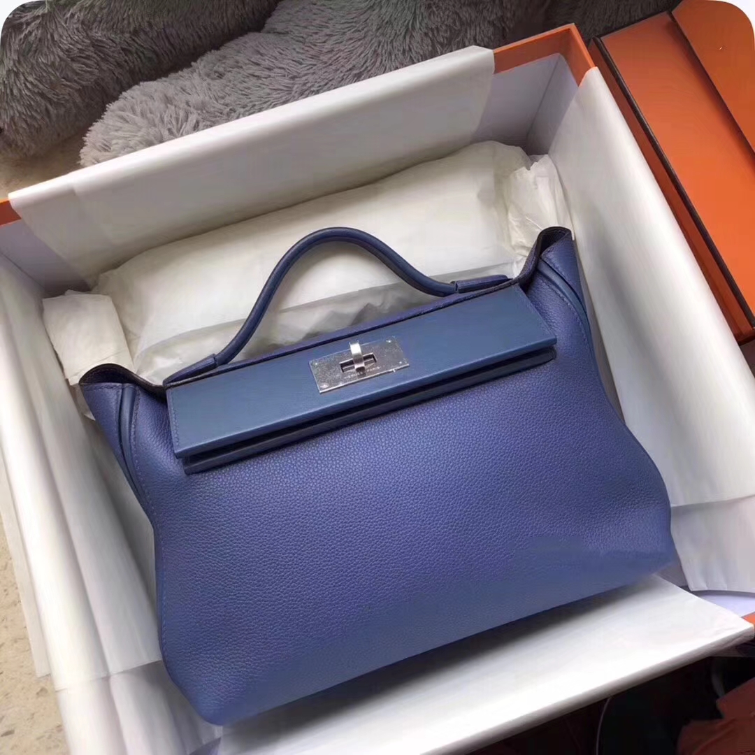 Hermès（爱马仕）Kelly-2424 明蓝色 原厂御用顶级小牛皮拼Swift皮 togo 银扣 29cm