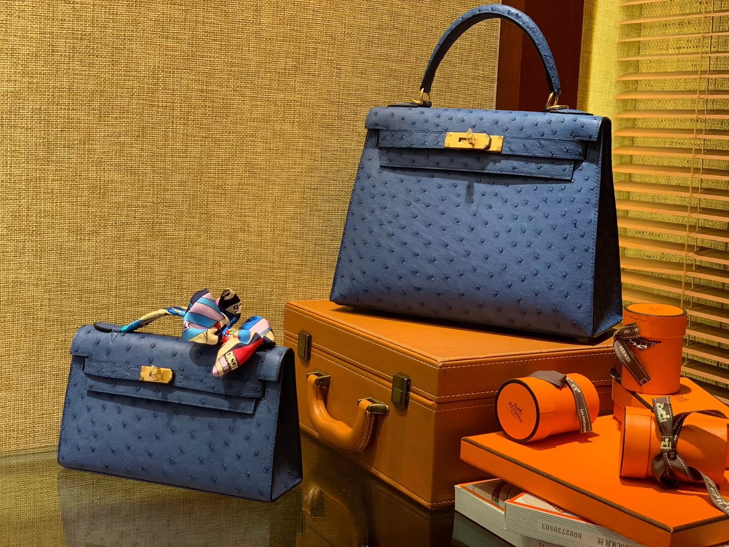 Hermès（爱马仕）Kelly凯莉包 玛瑙蓝 南非进口KK级鸵鸟 顶级手缝版本 24K金扣 28cm