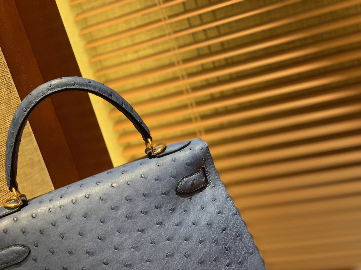 Hermès（爱马仕）Kelly凯莉包 玛瑙蓝 南非进口KK级鸵鸟 顶级手缝版本 24K金扣 28cm