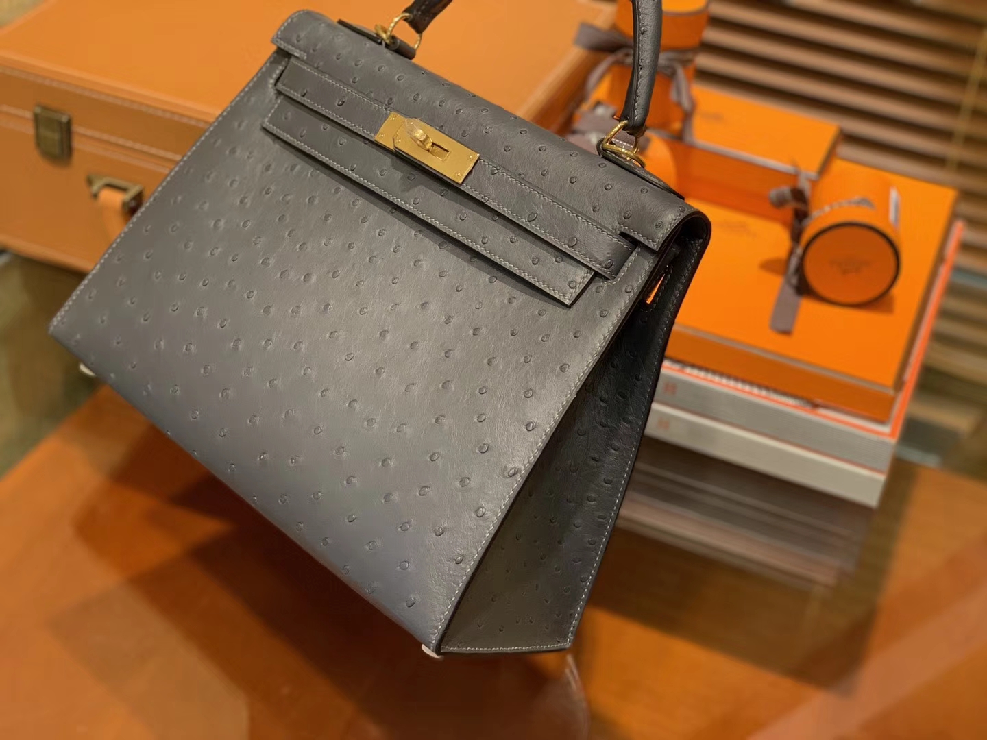 Hermès（爱马仕）Kelly凯莉包 锡器灰 南非进口KK级鸵鸟 顶级手缝版本 24K金扣 28cm