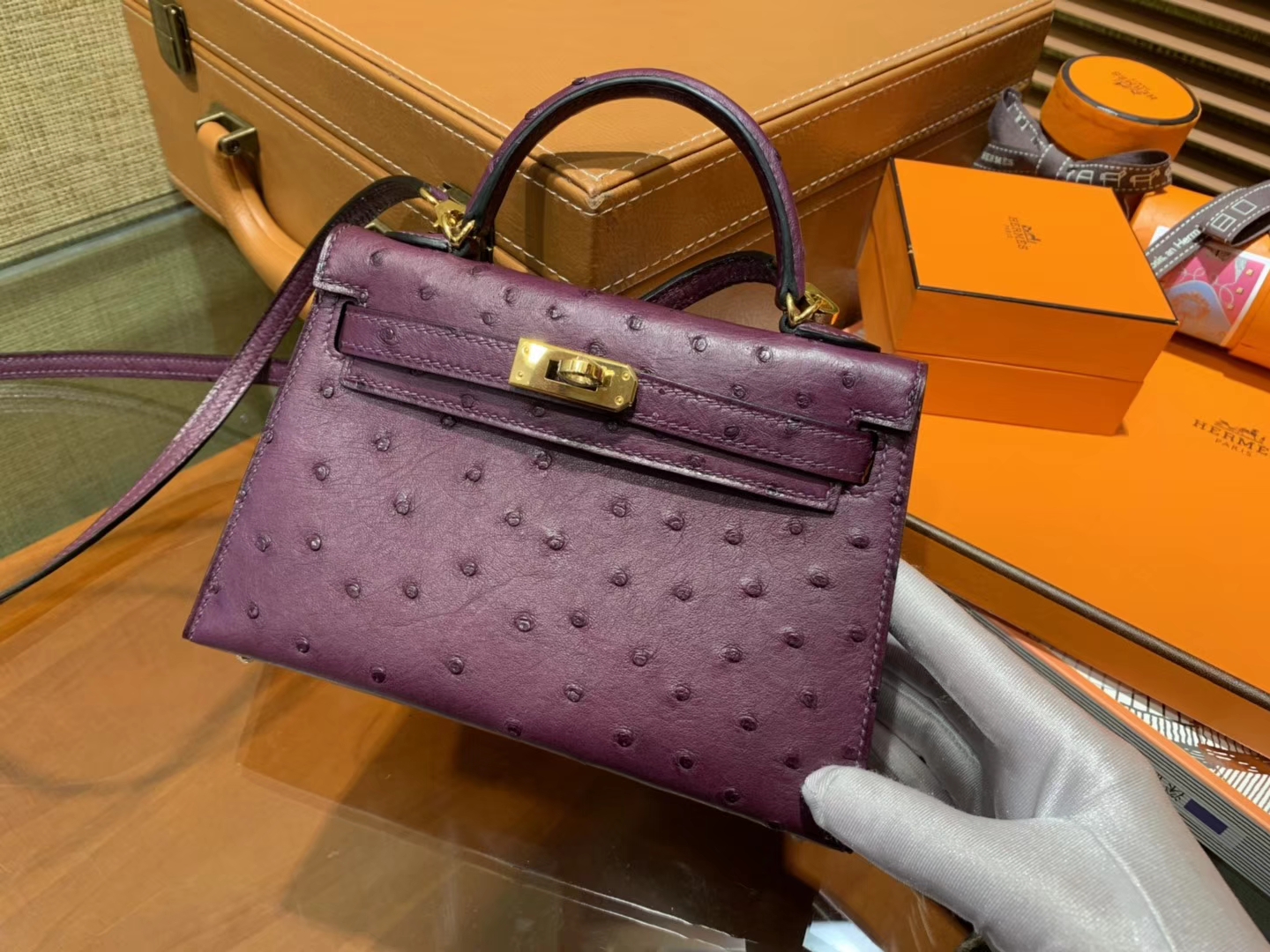Hermès（爱马仕）迷你2代 mini Kelly 深紫色 南非KK鸵鸟 全手工缝制 19cm