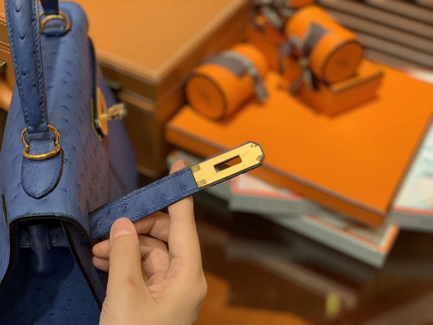 Hermès（爱马仕）Kelly凯莉包 玛瑙蓝 南非进口KK级鸵鸟 顶级手缝版本 24K金扣 28cm