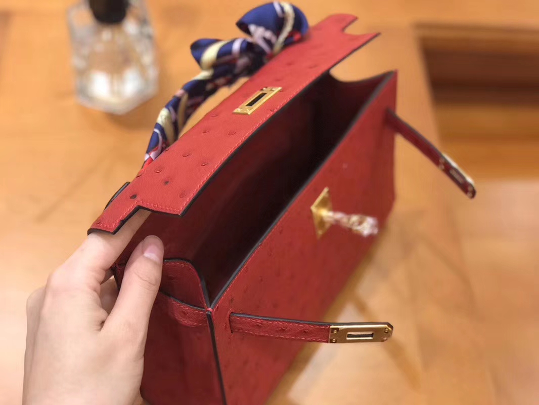 Hermès（爱马仕）Mini Kelly迷你凯莉 石榴红 南非kk级鸵鸟皮 臻品级别 1代 金扣 22cm
