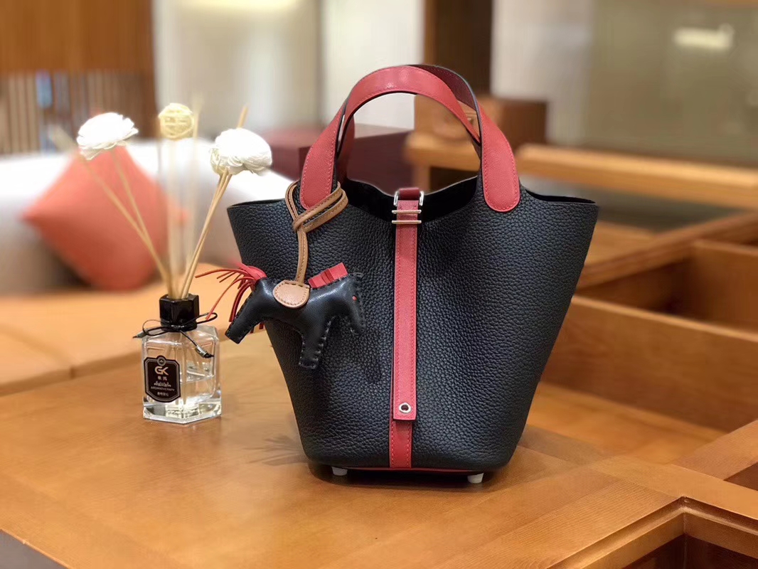 Hermès（爱马仕）Picotin 菜篮包 Swift红拼TC大牛黑 银扣 18cm