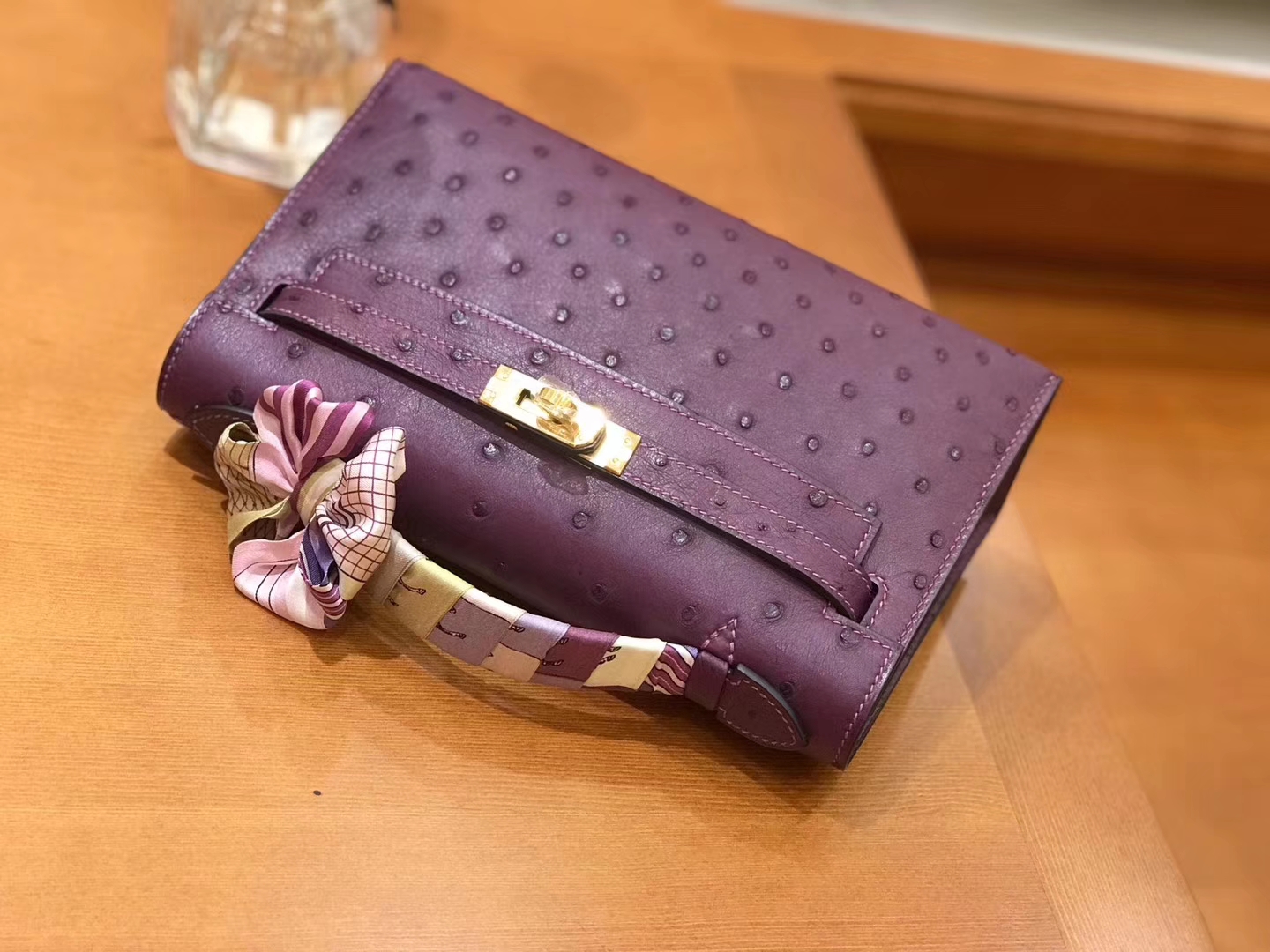 Hermès（爱马仕）miniKelly 迷你凯莉 海葵紫 南非kk级鸵鸟皮 金扣 22cm