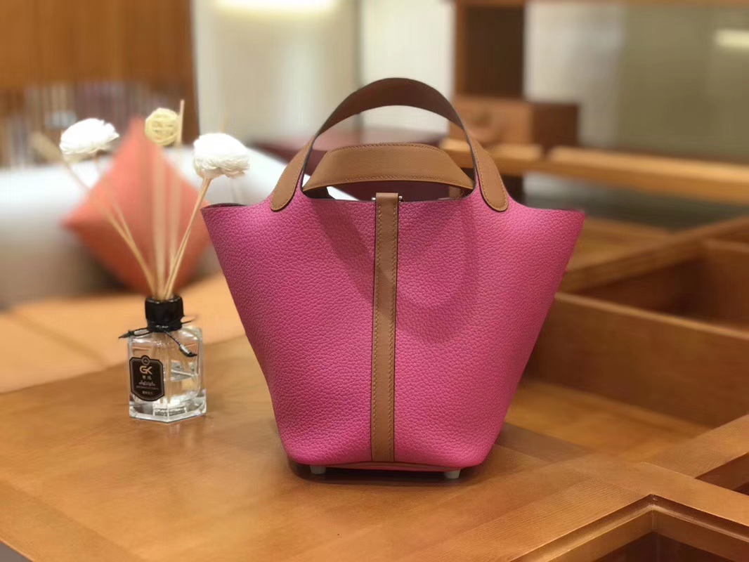 Hermès（爱马仕）Picotin 菜篮包 Swift金棕拼TC大牛玉兰粉 银扣 18cm