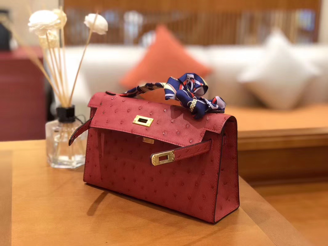 Hermès（爱马仕）Mini Kelly迷你凯莉 石榴红 南非kk级鸵鸟皮 臻品级别 1代 金扣 22cm