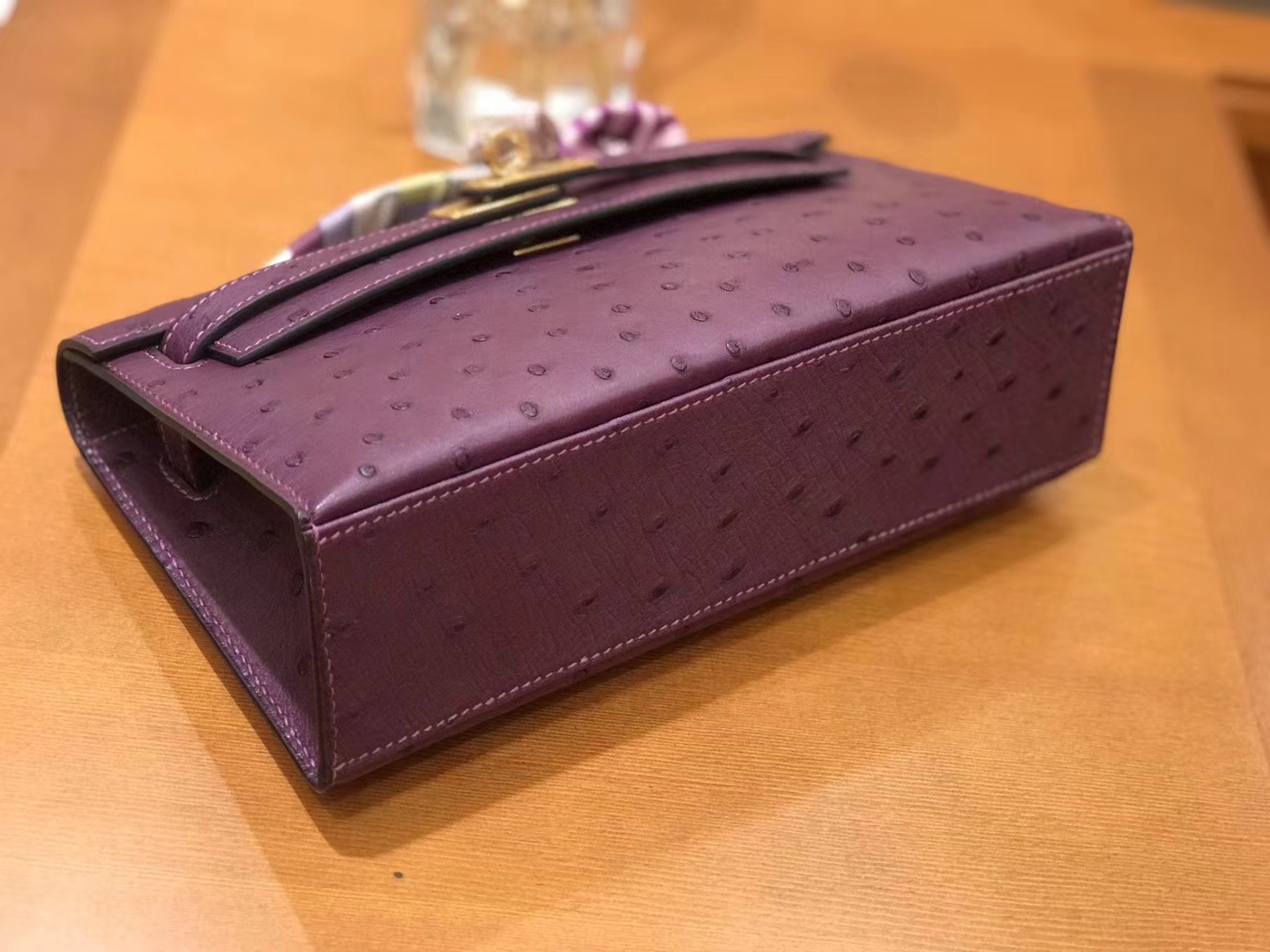 Hermès（爱马仕）miniKelly 迷你凯莉 海葵紫 南非kk级鸵鸟皮 金扣 22cm