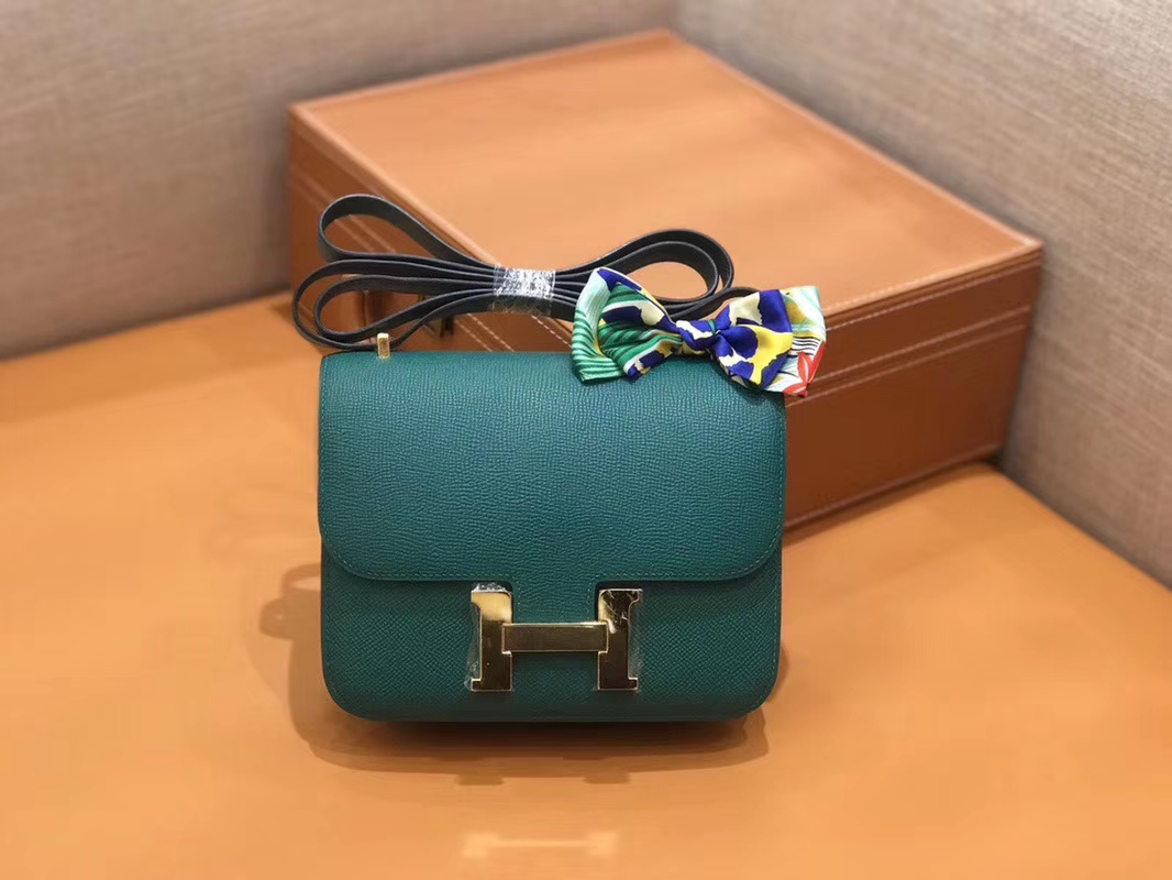 Hermès（爱马仕）Constance 空姐包 孔雀绿 Epsom掌纹小牛皮 臻品级别 金扣 18cm